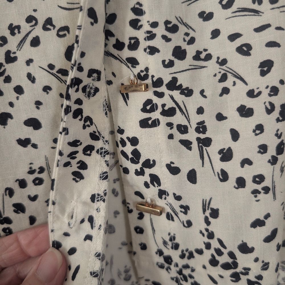 Kirious Linen Blend Cropped Blouse Large | Ivory Black Print Button Front Top - Picture 5 of 6